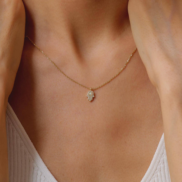 Opal & CZ Hamsa Hand Protection Necklace: 18K GOLD