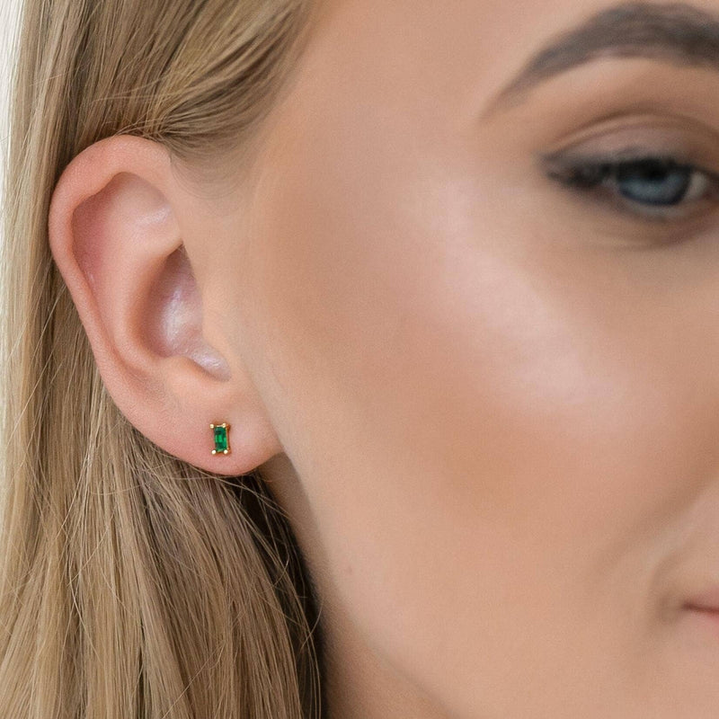 Minimalist Emerald & Diamond Accent Stud Earrings: GOLD