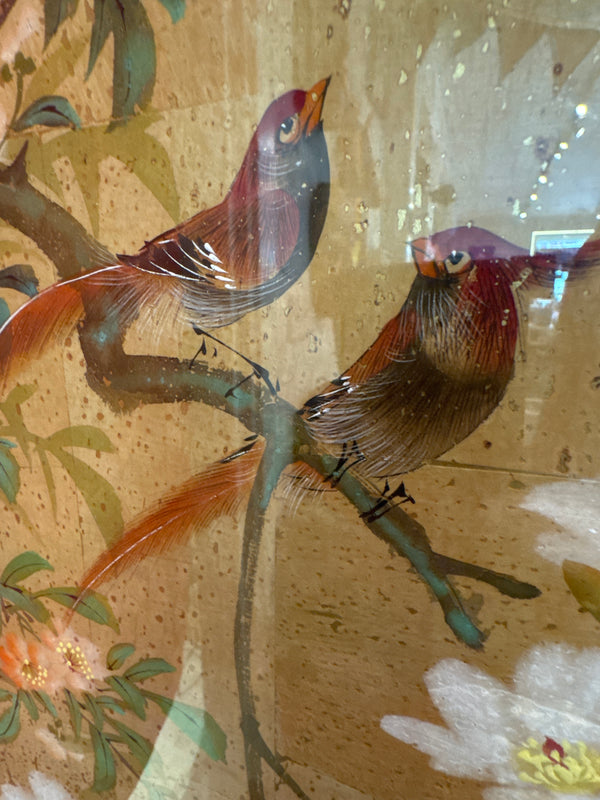 Red Birds on Branch with Flowers