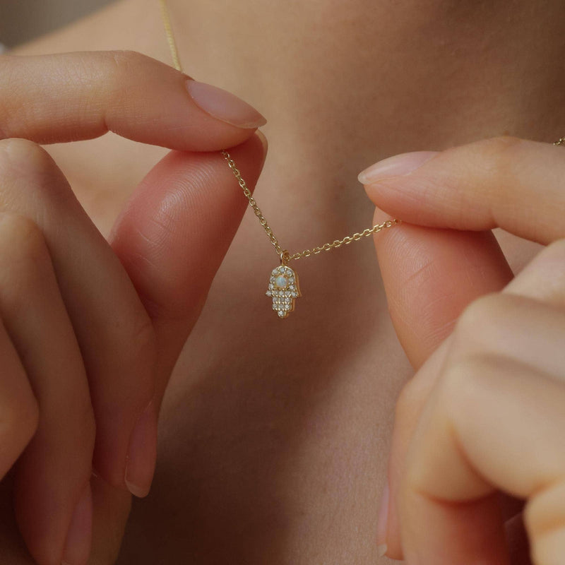 Opal & CZ Hamsa Hand Protection Necklace: 18K GOLD