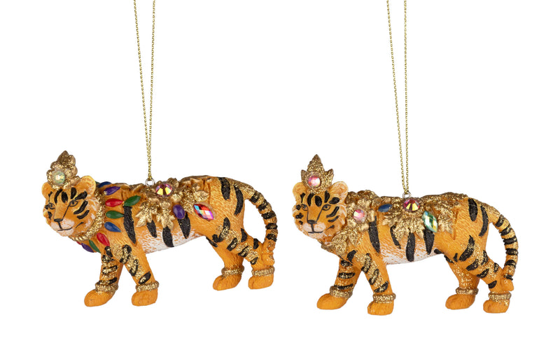 G79561: 2 Asst rsn tiger orn,gld,colorful gem&gld crown,4in