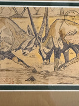 Battling Gemsbok - Original art correspondence postal cover, colored pencil on envelope, 1975