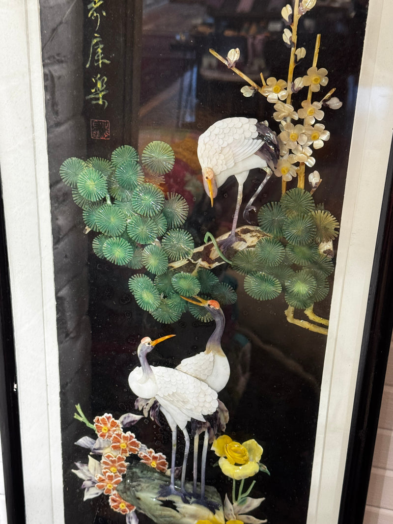 Cranes and Flowers - Large Format Shell Art
