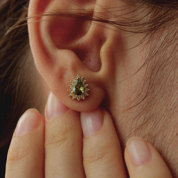 Vintage-Style Peridot & CZ Halo Stud Earrings: Light-red