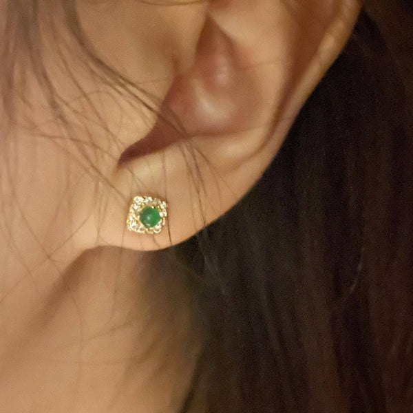 Natural Emerald & Rhinestone Stud Earrings