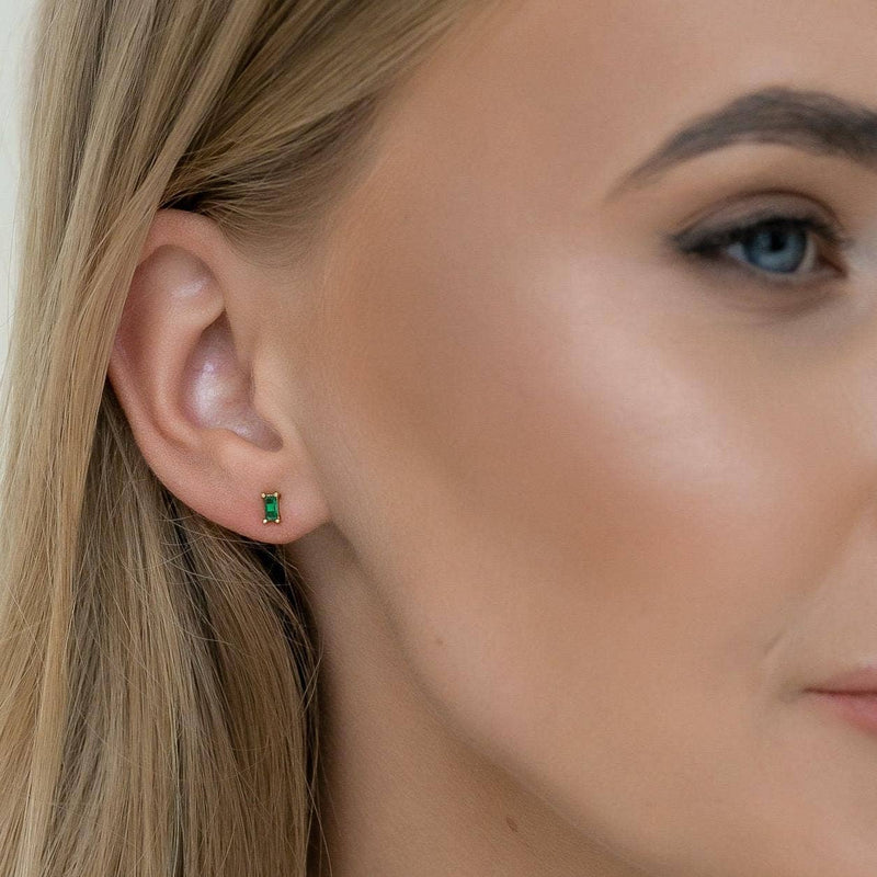 Minimalist Emerald & Diamond Accent Stud Earrings: GOLD
