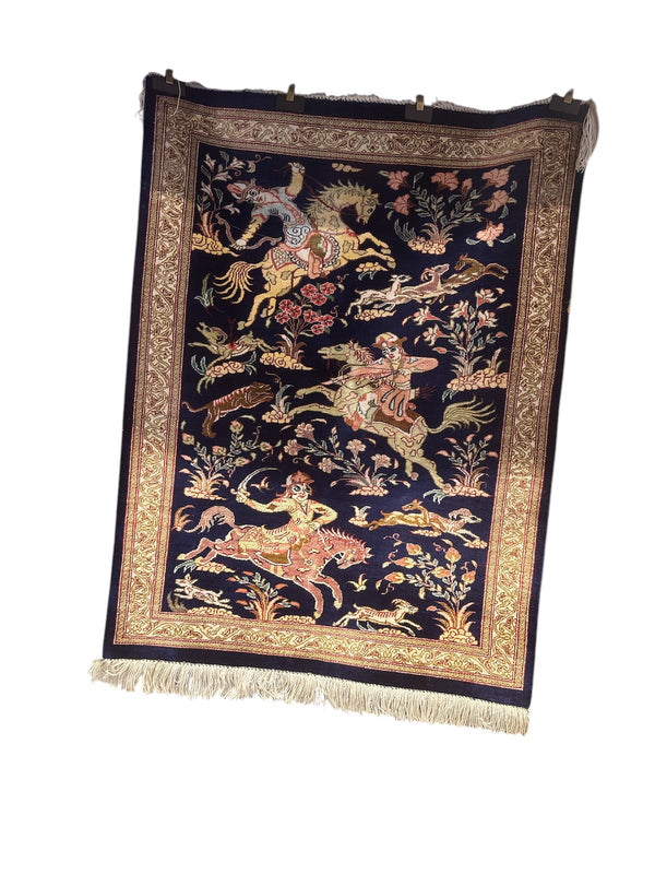 Traditional Persian Silk Rug/Hanging Hunt Motif  -  Qom (Qum), Iran - 30” x 20”