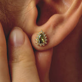 Vintage-Style Peridot & CZ Halo Stud Earrings: Olive-green