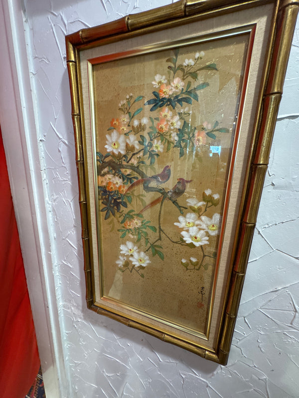 Red Birds on Branch with Flowers