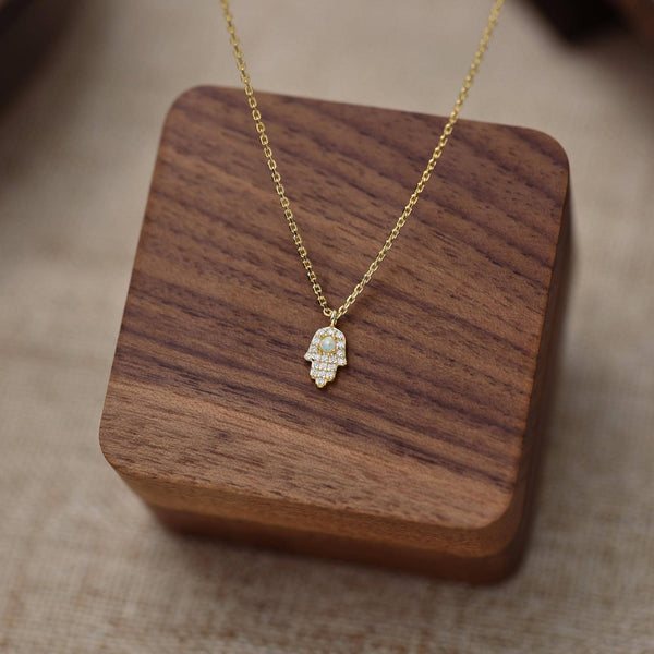 Opal & CZ Hamsa Hand Protection Necklace: 18K GOLD