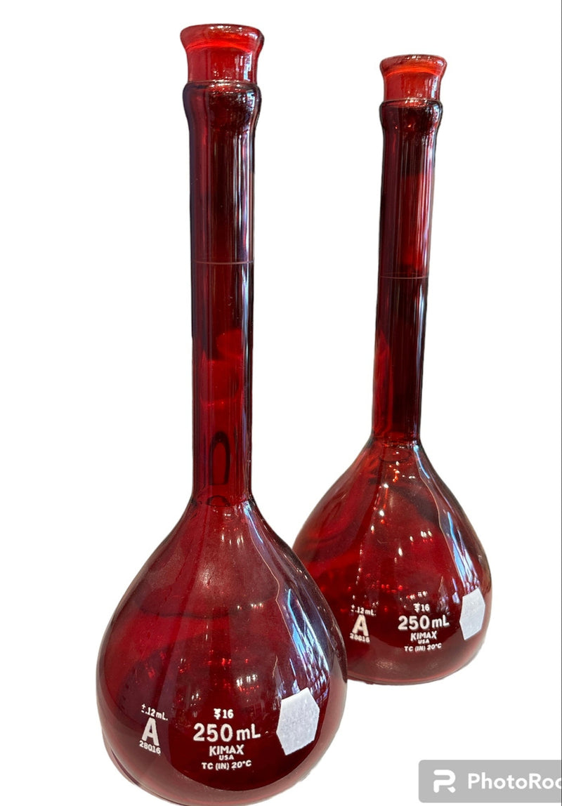 Kimax 250ml Ruby Red Volumetric Flask - pre 1970s