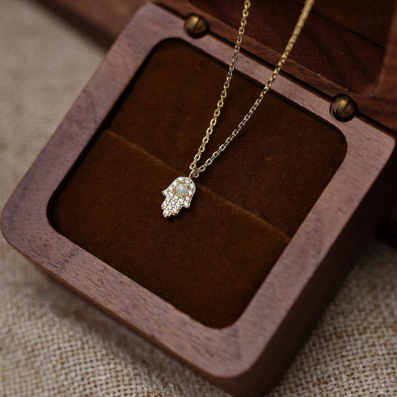 Opal & CZ Hamsa Hand Protection Necklace: 18K GOLD