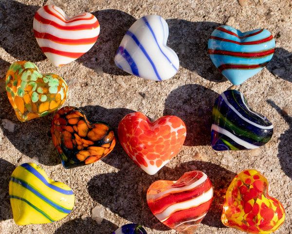 Glass Pocket Hearts- Bulk Price-100 hearts- 3 color schemes: Multi-Color