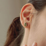 Vintage-Style Peridot & CZ Halo Stud Earrings: Olive-green
