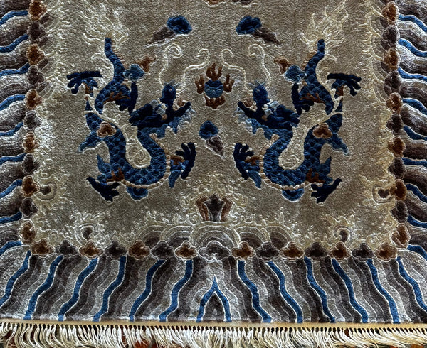 Traditional Silk  Five Dragon Motif Rug -  Tibetan Plateau - 38” x 62”