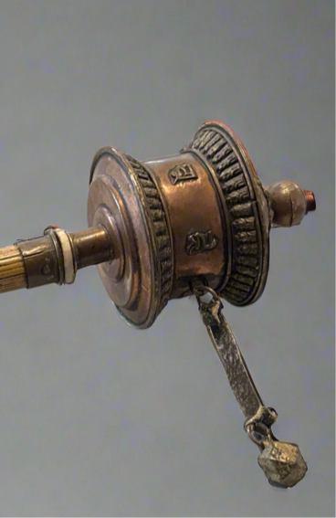 Antique Tibetan Prayer Wheel - Copper, Bone, Wood, Leather, Iron