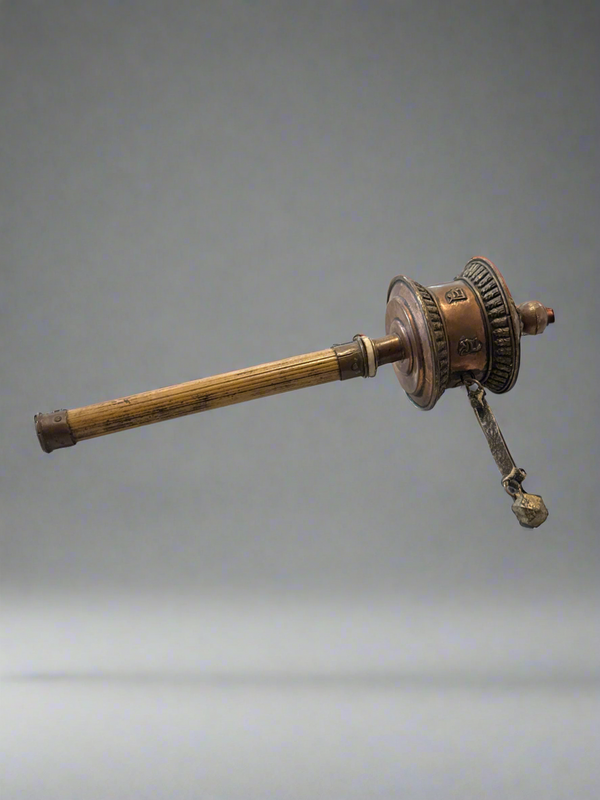 Antique Tibetan Prayer Wheel - Copper, Bone, Wood, Leather, Iron