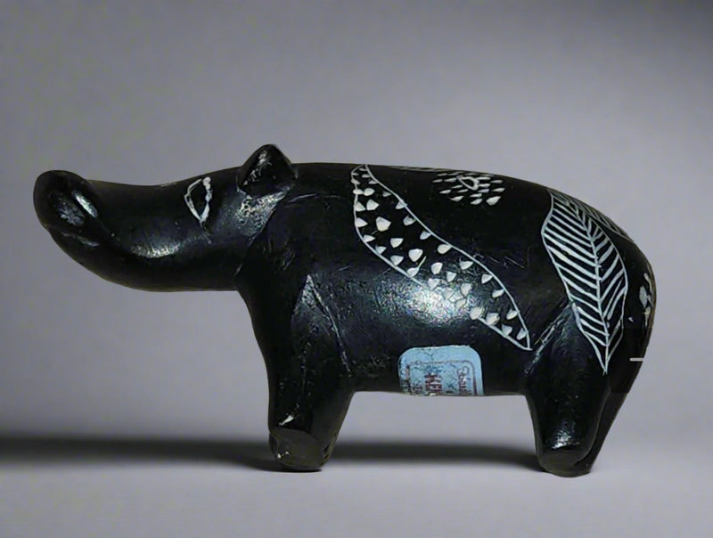 Black Soapstone Hippo - Carved and Embellished