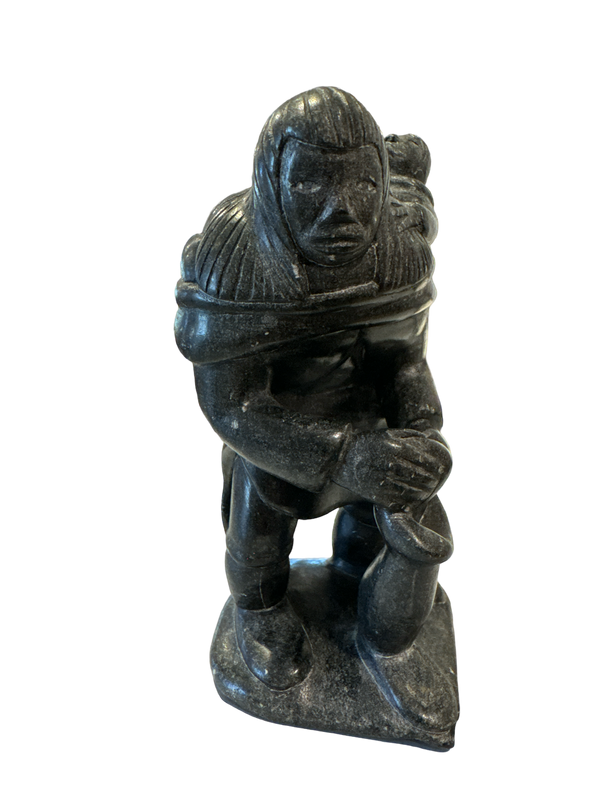 Inuit Black Soapstone Woman Making Boot with Child - 1960/1970s - Canada Art Sticker - Numbered and Signed
