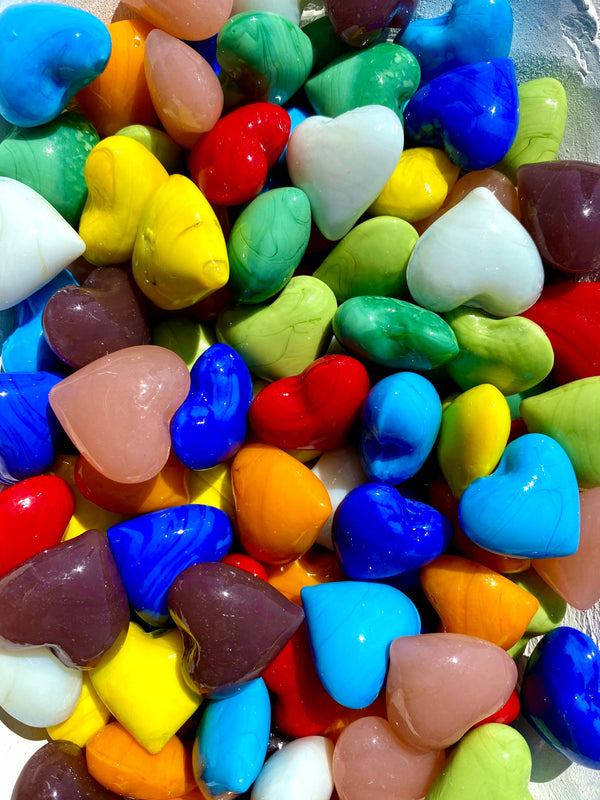 Glass Pocket Hearts- Bulk Price-100 hearts- 3 color schemes: Multi-Color