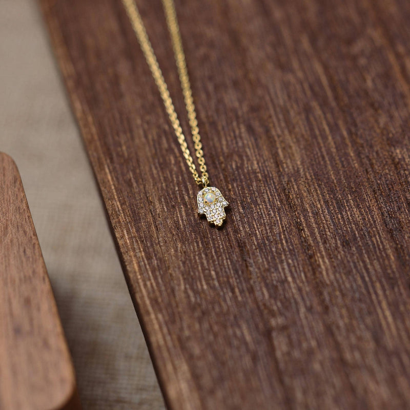 Opal & CZ Hamsa Hand Protection Necklace: 18K GOLD