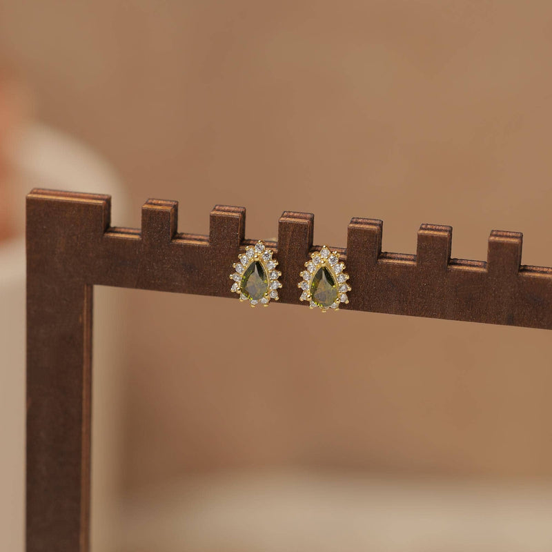 Vintage-Style Peridot & CZ Halo Stud Earrings: Olive-green