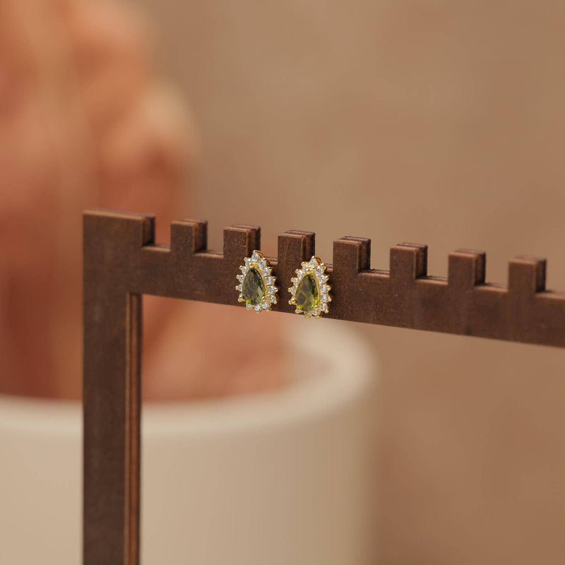 Vintage-Style Peridot & CZ Halo Stud Earrings: Olive-green