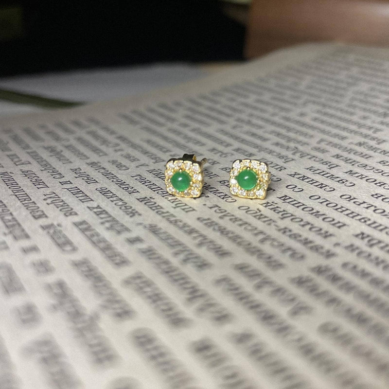 Natural Emerald & Rhinestone Stud Earrings