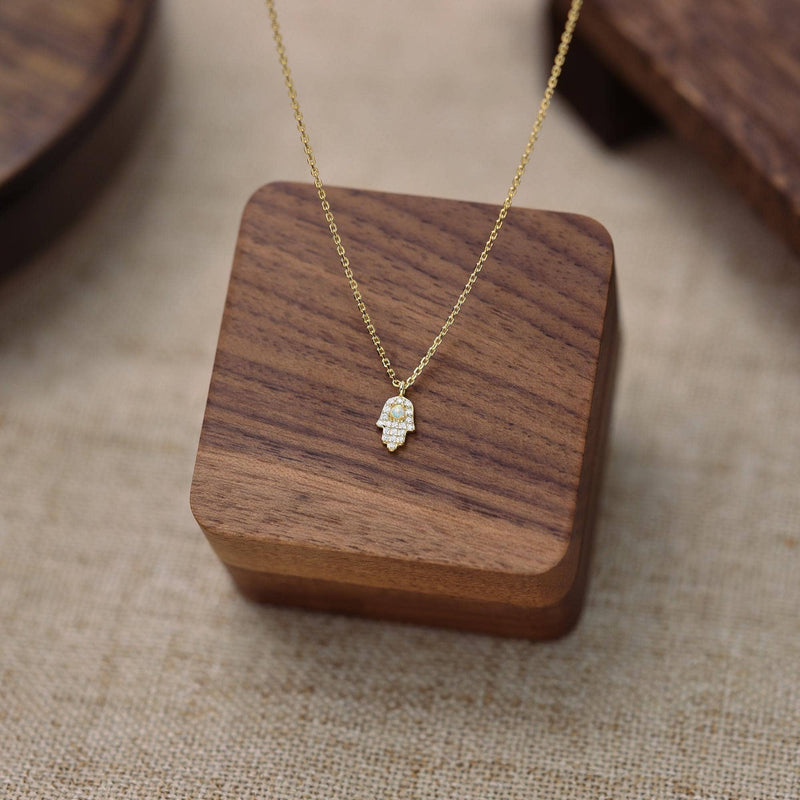 Opal & CZ Hamsa Hand Protection Necklace: 18K GOLD