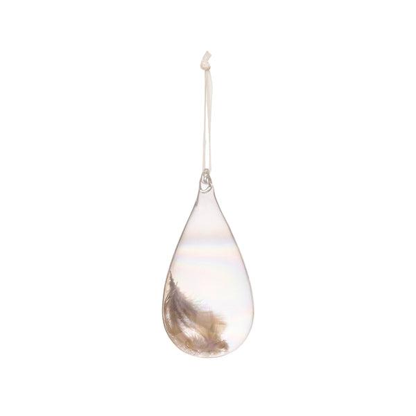 Pearlized Glass Teardrop Ornament with Feather