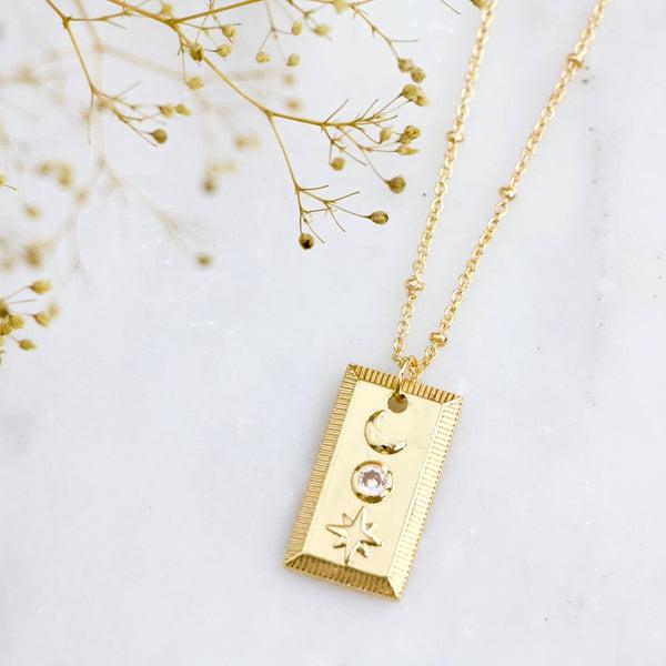 CZ Moon and Star Plaque Necklace