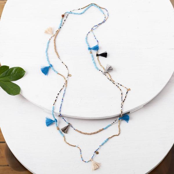 Long Beaded Tassel Necklace, Turquoise - BBN043T