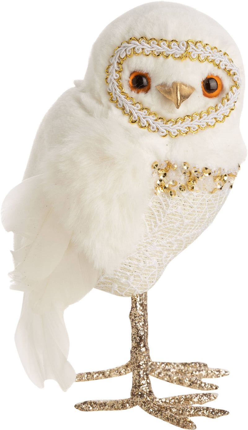 A64106-Stand owl TT,wht,gld lacy body,plsh top&wing,6.5in