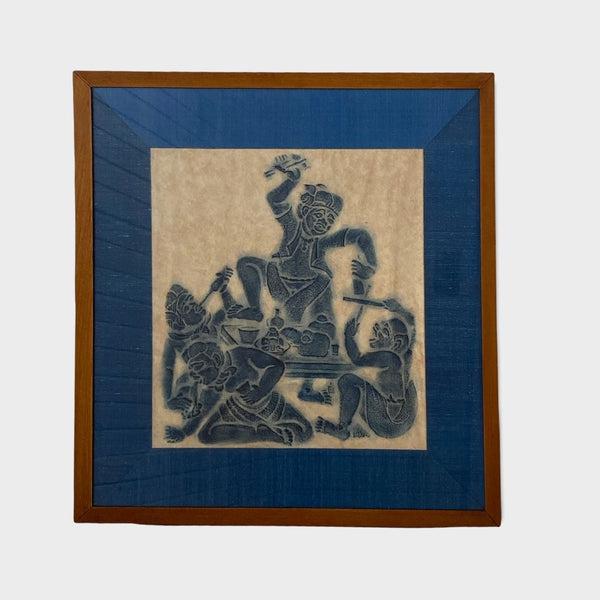 Balinese Woodblock Print (Multi-figure, Blue)